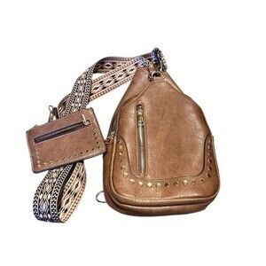 Sam & Hadley Guitar adjustable Strap Sling Bag Brown Stud Embellishments coin
